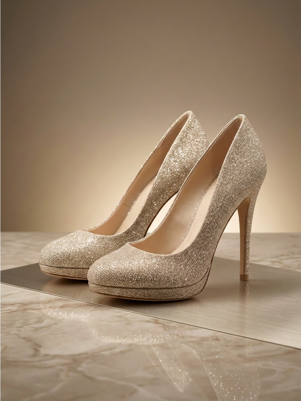 Le Chateau Women’s High Heels, Gold Glitter/Sparkle Pumps Size 7, Almond Toe